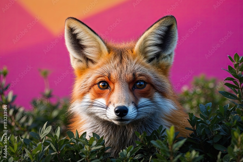 Fototapeta premium Playful Fox with Fluffy Ears Hiding in Bush Against Bright Background