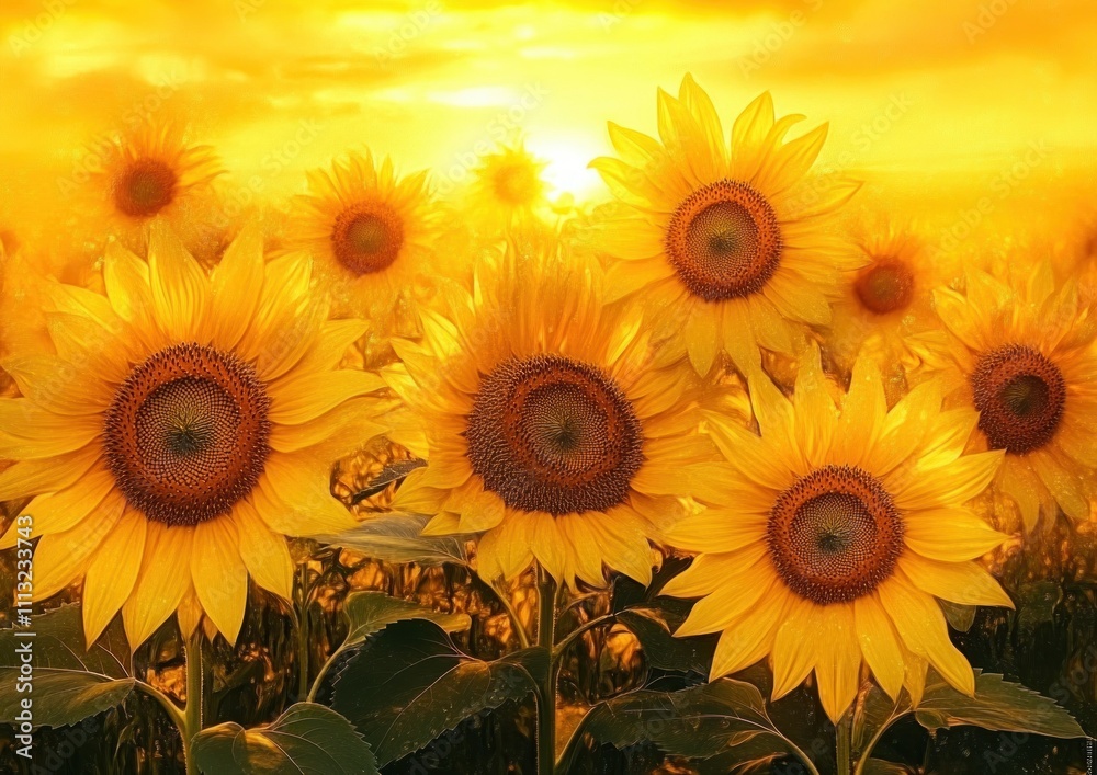 Obraz premium sunflowers in vibrant field at sunset glowing petals