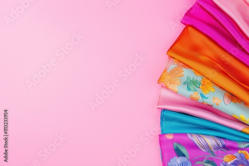 Vibrant Assorted Silk Fabrics on Pink Background for Fashion and Design Concepts
