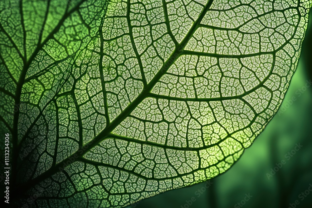 Obraz premium detailed macro shot of green leaf veins illuminated by soft sunlight