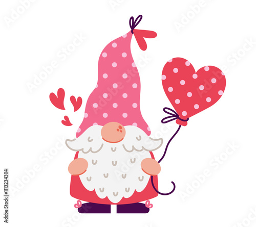 Cute holiday gnome with a heart shaped balloon. Funny elf with beard, in a red and pink suit and a polka dot hat. Happy Valentine's Day greeting, romantic surprise. Hand drawn clipart, cartoon doodle