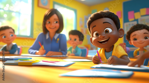 Cartoon-style young learners engaged in completing schoolwork with a cheerful teacher assisting in the background 