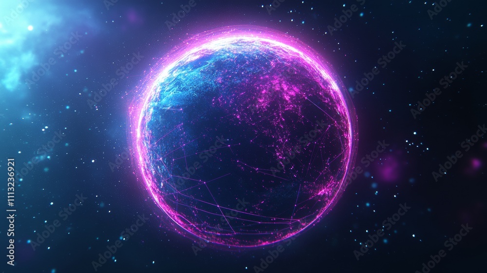 Obraz premium Abstract world with glowing dots and lines on a dark blue background.