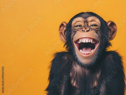 A happy chimpanzee laughing. AI.