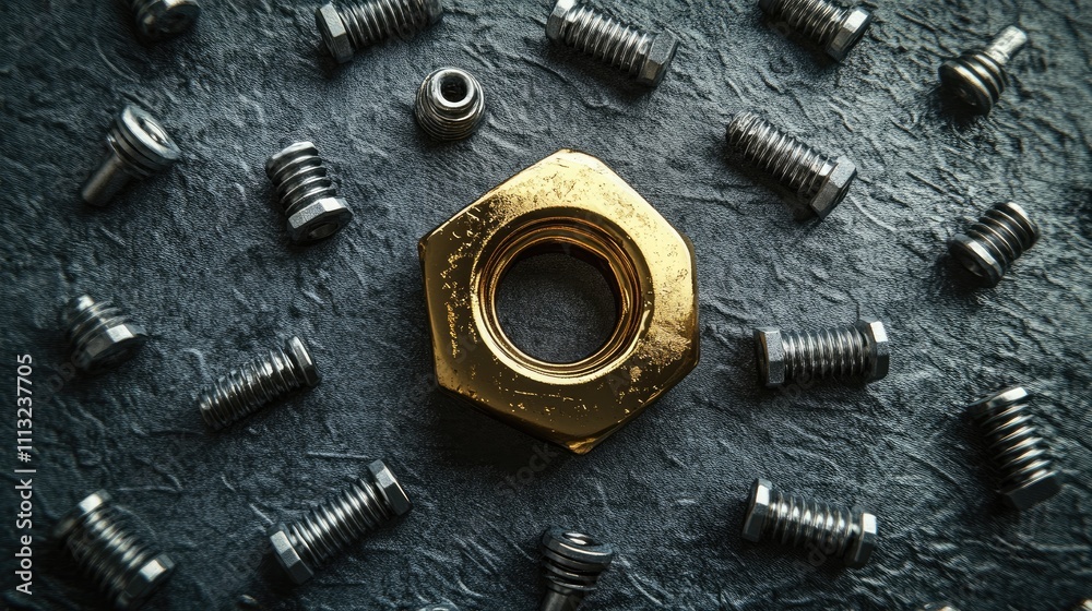Fototapeta premium Golden Nut Surrounded by Metal Bolts on Dark Textured Background