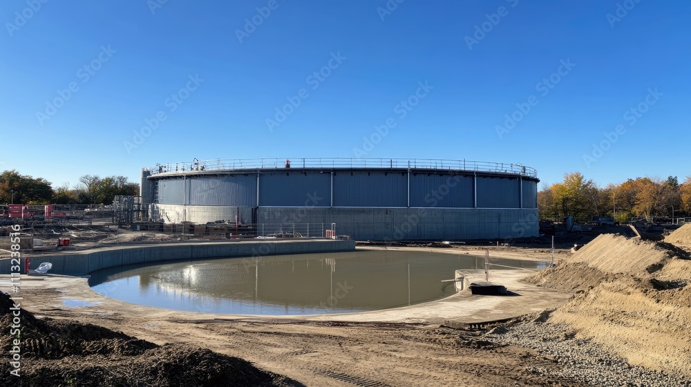 Industrial Water Reservoir Under Construction with Blue Sky Background