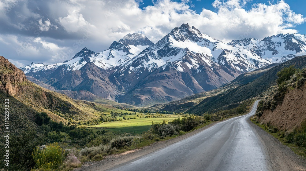 Curving mountain road with snow-capped peaks above and lush, green meadows stretching below. Curving mountain road with snow-capped peaks above and lush, green meadows stretching below.