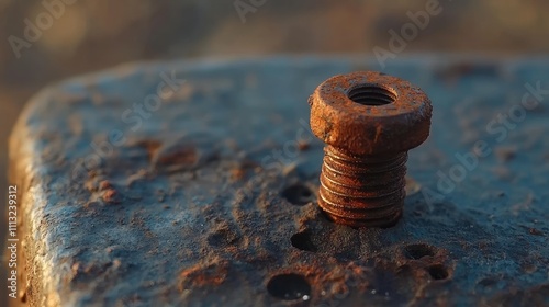 Rusty Bolt on a Weathered Metal Surface at Sunset Glow