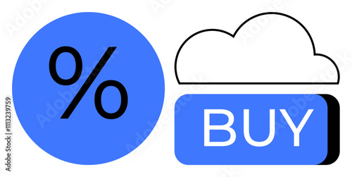Percentage symbol next to a cloud representing online purchase. Ideal for e-commerce, online shopping, sales promotions, digital marketing, retail discounts, cloud services, and web ads. Line