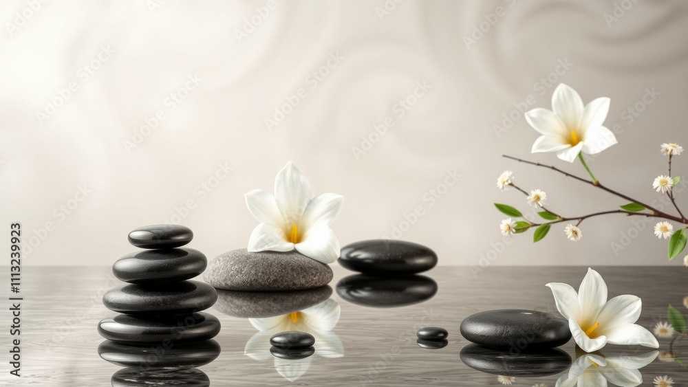 Relaxing Spa Stone Stacks with White Flowers on Wooden Surface for Calming Home Decor or Meditation Relaxing Spa Stone Stacks with White Flowers on Wooden Surface for Calming Home Decor or Meditation