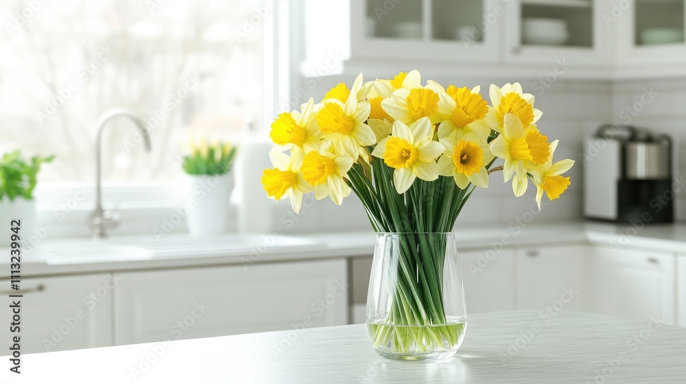 Bright and Cheerful Daffodils in a Modern Kitchen, Bringing a Touch of Spring to a Stylish Interior with Natural Light and Fresh Vibes Bright and Cheerful Daffodils in a Modern Kitchen, Bringing a Touch of Spring to a Stylish Interior with Natural Light and Fresh Vibes