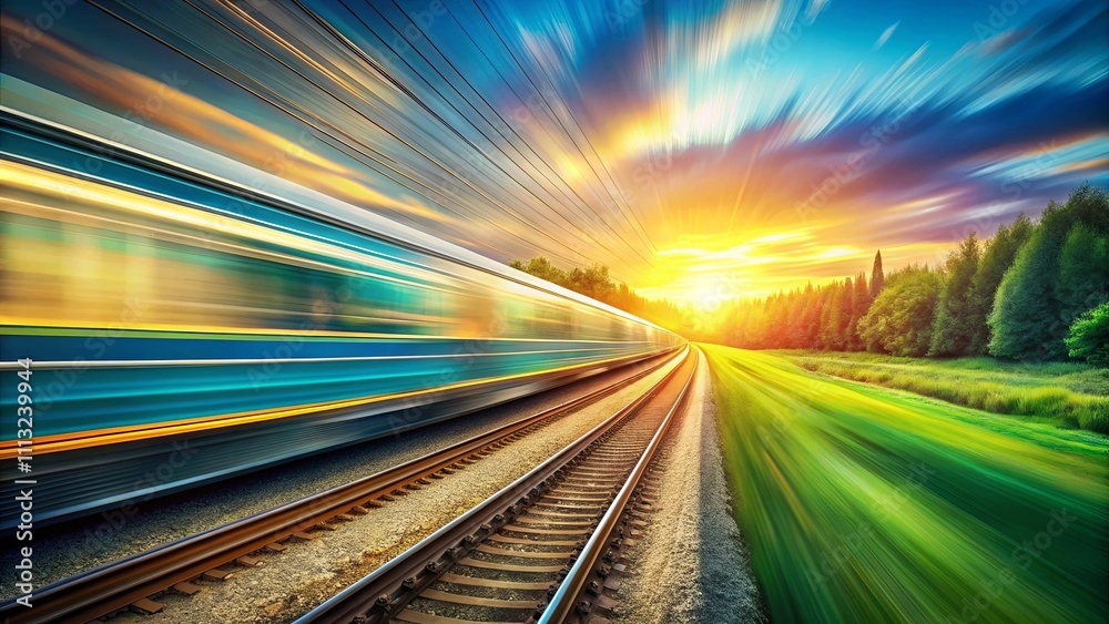 High-speed train racing towards a vibrant sunset, alongside a lush green field and railway tracks High-speed train racing towards a vibrant sunset, alongside a lush green field and railway tracks