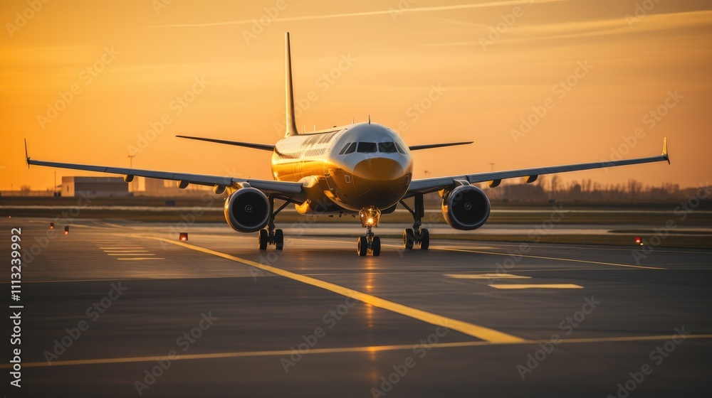 A yellow airplane taxiing on a runway during sunset, ready for takeoff. A yellow airplane taxiing on a runway during sunset, ready for takeoff.