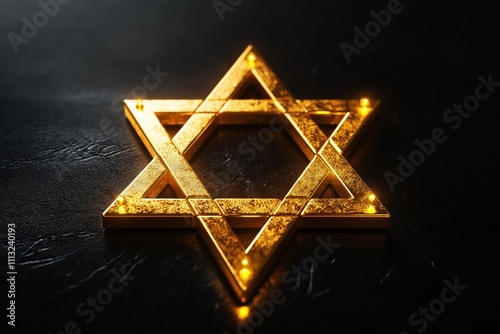 Golden Star of David on dark background. Symbol of Jewish identity. Solidarity with Jewish community. Hanukkah celebration concept. Suitable for greeting card design poster print. Represents hope, photo