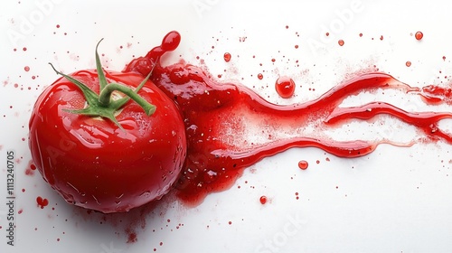 Fresh red tomato smashing with a dynamic splash of red juice on a clean white background.