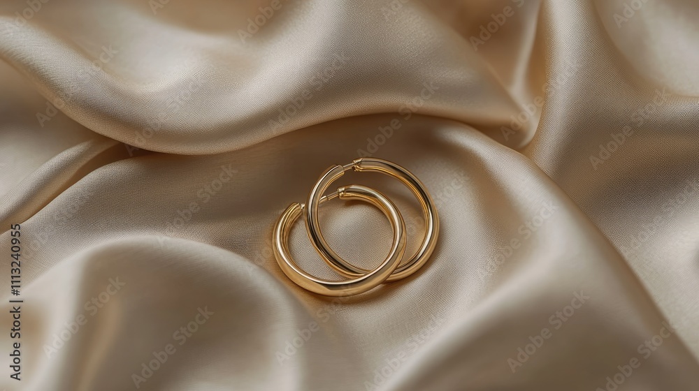 Elegant Gold Hoop Earrings on Luxurious Satin Fabric Background Elegant Gold Hoop Earrings on Luxurious Satin Fabric Background