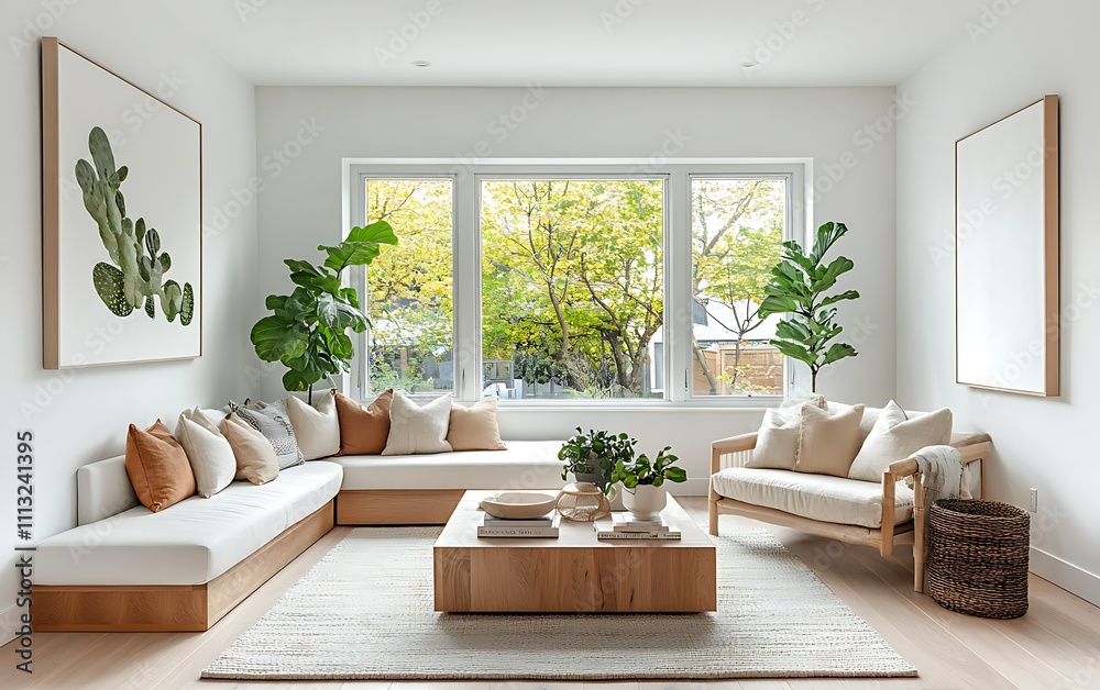 Fototapeta premium Bright living room with sectional sofa, large windows, plants, and neutral decor.