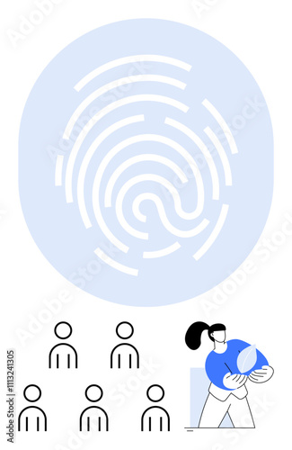 Large fingerprint group of stick figure people, individual holding a globe. Ideal for themes of identity, biometrics, individuality, data protection, technology, security, uniqueness. Line metaphor