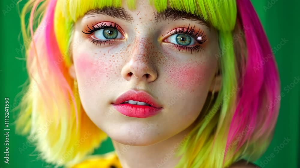 Model with colored hair posing showing different facial expressions Model with colored hair posing showing different facial expressions