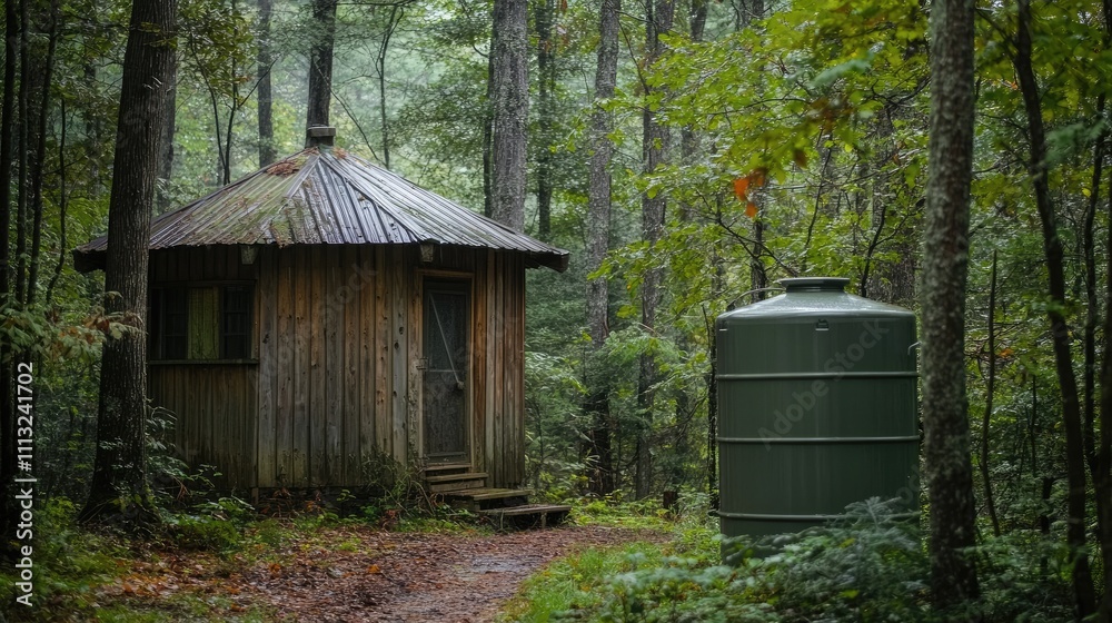 Fototapeta premium Rustic wooden cabin nestled in a serene forest landscape