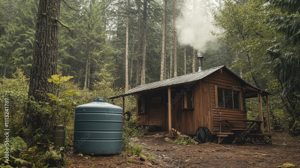 Obraz premium Cozy Wooden Cabin Surrounded by Lush Green Forest and Nature