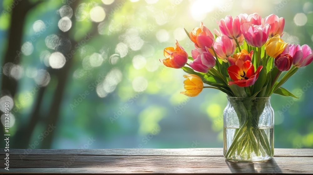 Vibrant Bouquet of Colorful Tulips in a Glass Jar Surrounded by Soft Bokeh and Natural Light, Perfect for Celebrating Spring, Love, and Beauty Vibrant Bouquet of Colorful Tulips in a Glass Jar Surrounded by Soft Bokeh and Natural Light, Perfect for Celebrating Spring, Love, and Beauty