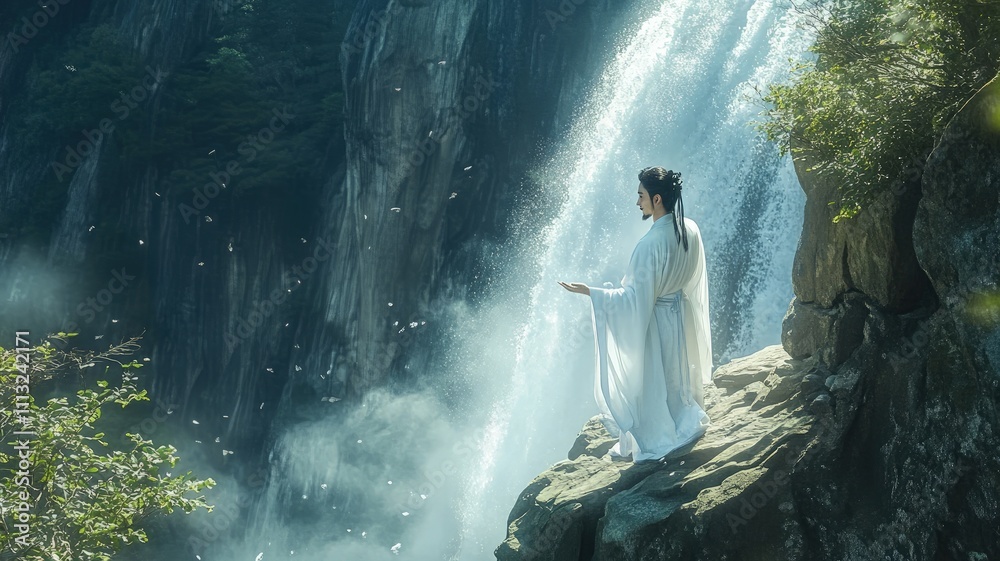 A serene figure in white stands by a waterfall, embodying tranquility and nature's beauty. A serene figure in white stands by a waterfall, embodying tranquility and nature's beauty.