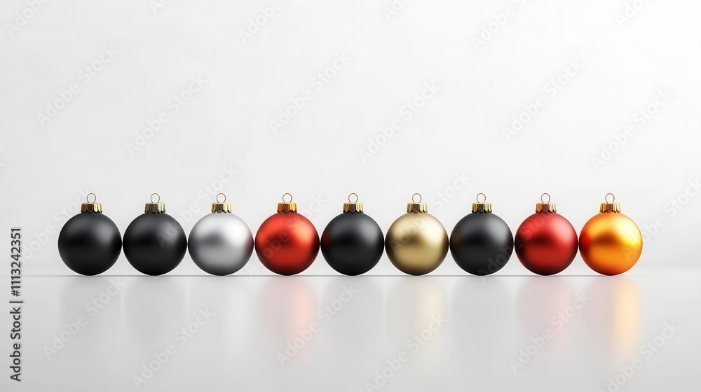 Elegant row of Christmas ornaments in black, silver, and gold hues Elegant row of Christmas ornaments in black, silver, and gold hues