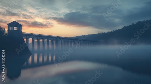 Wallpaper Mural Serene Sunrise at a Misty Reservoir with Silhouetted Water Tower Torontodigital.ca