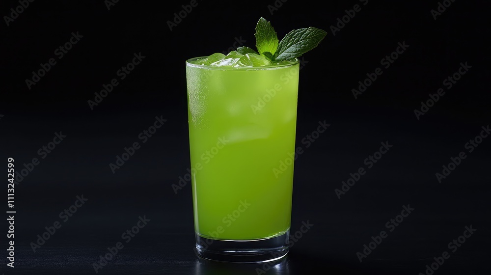 Refreshing Green Drink with Mint Garnish in a Glass, Perfect for Summer Gatherings and Tropical Getaways, Inviting Drink on a Dark Background Refreshing Green Drink with Mint Garnish in a Glass, Perfect for Summer Gatherings and Tropical Getaways, Inviting Drink on a Dark Background