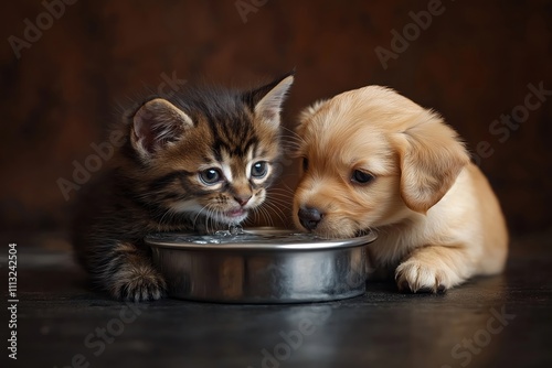 Cute kitten, puppy share water from bowl. Adorable pets drink together. Friendship, companionship concept. Suitable for pet food companies animal welfare ads. Ideal image for posters, banners about photo