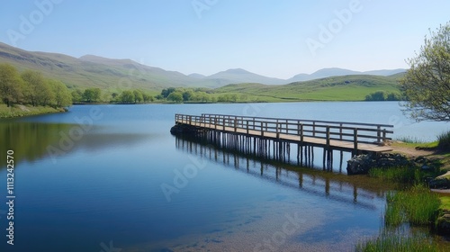 Wallpaper Mural Serene Lake with Wooden Pier Under Clear Blue Sky and Mountains Torontodigital.ca