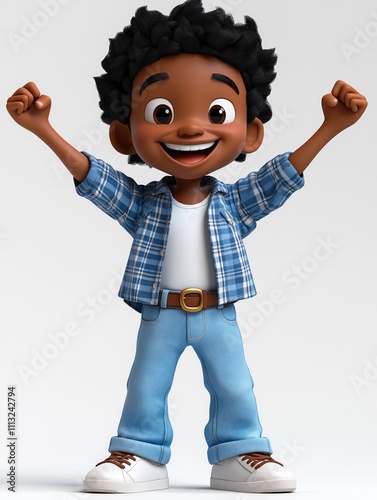 Cartoon black boy character with raised arms. Smiling happy boy. Casual clothing. Stylish cartoon design. Joyful expression. Positive vibes. Good for kids products. Educational media. Animated