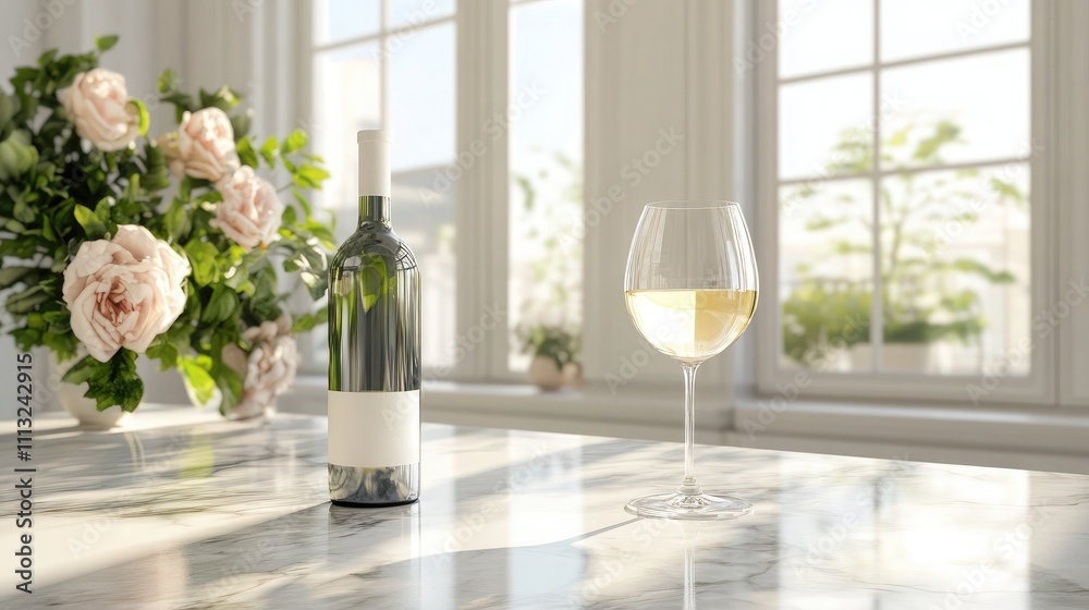 Elegant Table Setting with Wine Bottle and Glass in Bright Room Filled with Natural Light and Fresh Flowers, Perfect for Celebrations and Gatherings Elegant Table Setting with Wine Bottle and Glass in Bright Room Filled with Natural Light and Fresh Flowers, Perfect for Celebrations and Gatherings