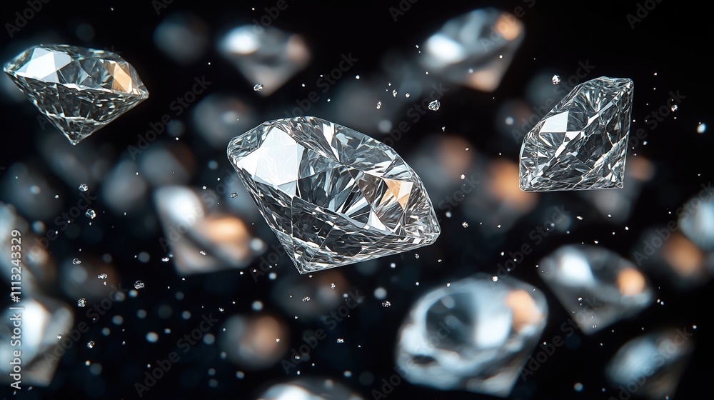Many shiny diamonds falling against dark background. Precious gems in air. Diamond stones float. Luxury gem stones in motion. Elegant visual of valuable jewels. Precious stones falling, swirling. Many shiny diamonds falling against dark background. Precious gems in air. Diamond stones float. Luxury gem stones in motion. Elegant visual of valuable jewels. Precious stones falling, swirling.