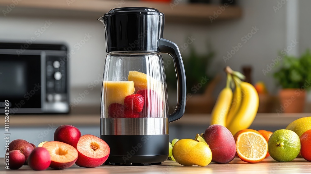Fresh Fruits in a Modern Blender on Kitchen Counter with Colorful Ingredients Including Apples, Bananas, Lemons, and Strawberries Ready for Smoothie Preparation Fresh Fruits in a Modern Blender on Kitchen Counter with Colorful Ingredients Including Apples, Bananas, Lemons, and Strawberries Ready for Smoothie Preparation