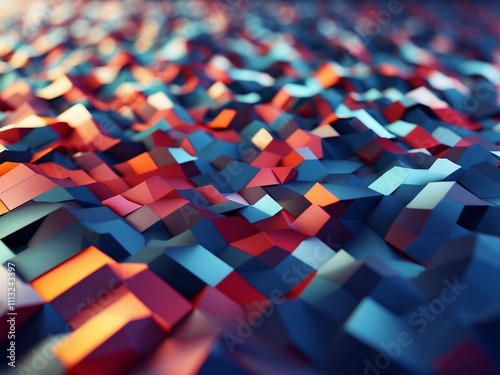 A colorful abstract image showcasing a vibrant pattern of 3D geometric blocks and waveforms. The dynamic design displays a captivating mix of red, blue, and orange hues photo