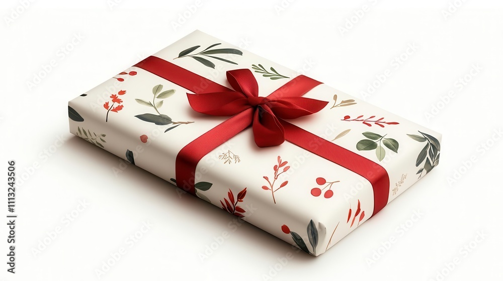 beautifully wrapped present with red bow and floral design beautifully wrapped present with red bow and floral design