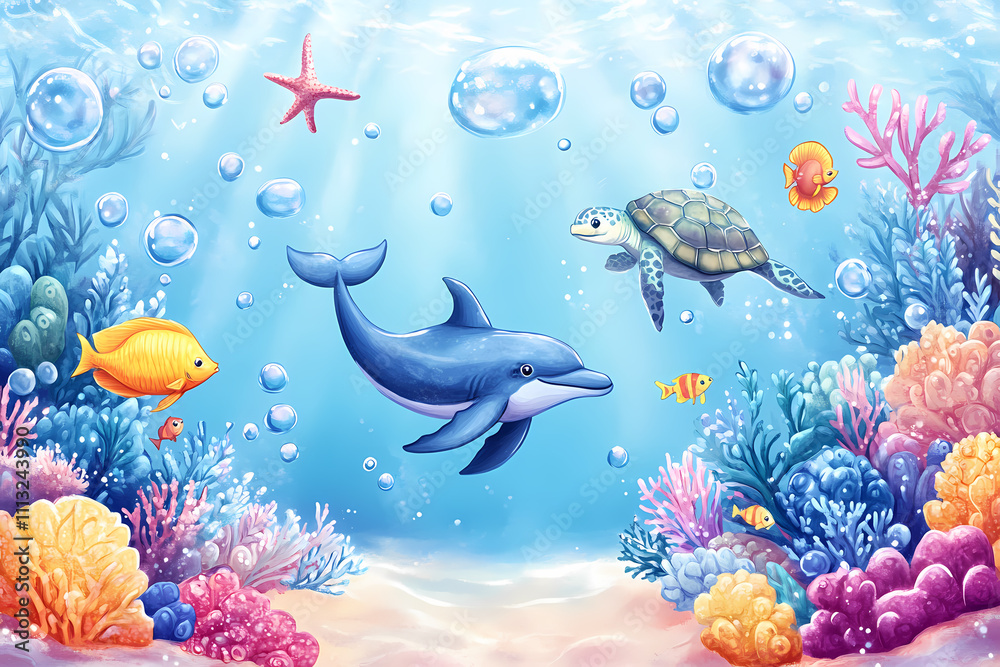 Fototapeta premium Underwater World with Friendly Sea Creatures and Coral Reefs