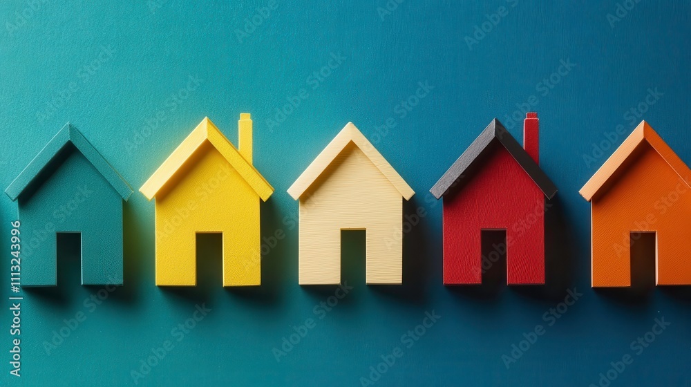 Colorful wooden houses arranged in row, showcasing various styles Colorful wooden houses arranged in row, showcasing various styles
