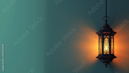 Hanging ramadhan lantern with candle in front of glowing lights. Suitable for festive decorations or background with ambient lighting concepts in design projects