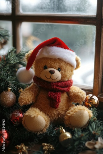 Cute teddy bear wearing a Santa hat and red scarf sits on a windowsill decorated with Christmas ornaments during a winter day.