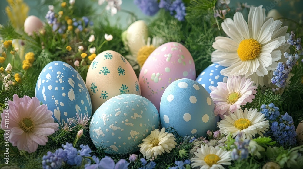 Design a cheerful copy space background for Easter, featuring pastel colors, decorative eggs, and spring flowers, creating a joyful and inviting setting perfect for festive greetings and messages. Design a cheerful copy space background for Easter, featuring pastel colors, decorative eggs, and spring flowers, creating a joyful and inviting setting perfect for festive greetings and messages.
