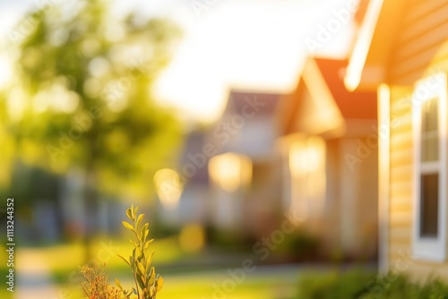 serene neighborhood scene with soft sunlight illuminating homes