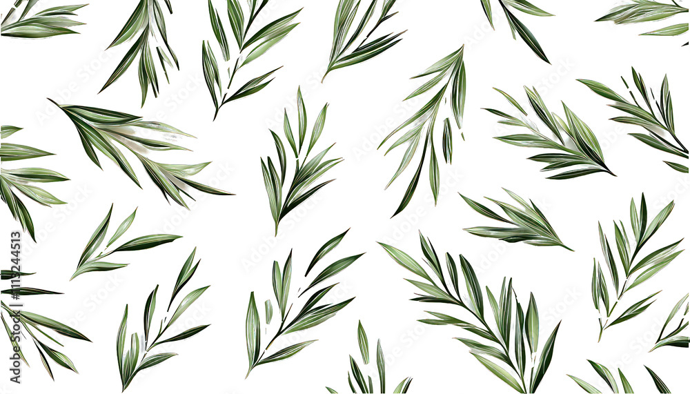 White background vector of slender green needle-like leaves in flat lay. White background vector of slender green needle-like leaves in flat lay.