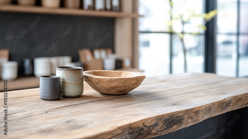 Empty Wooden Table Top with Decorative Bowls and Cups Displayed Empty Wooden Table Top with Decorative Bowls and Cups Displayed