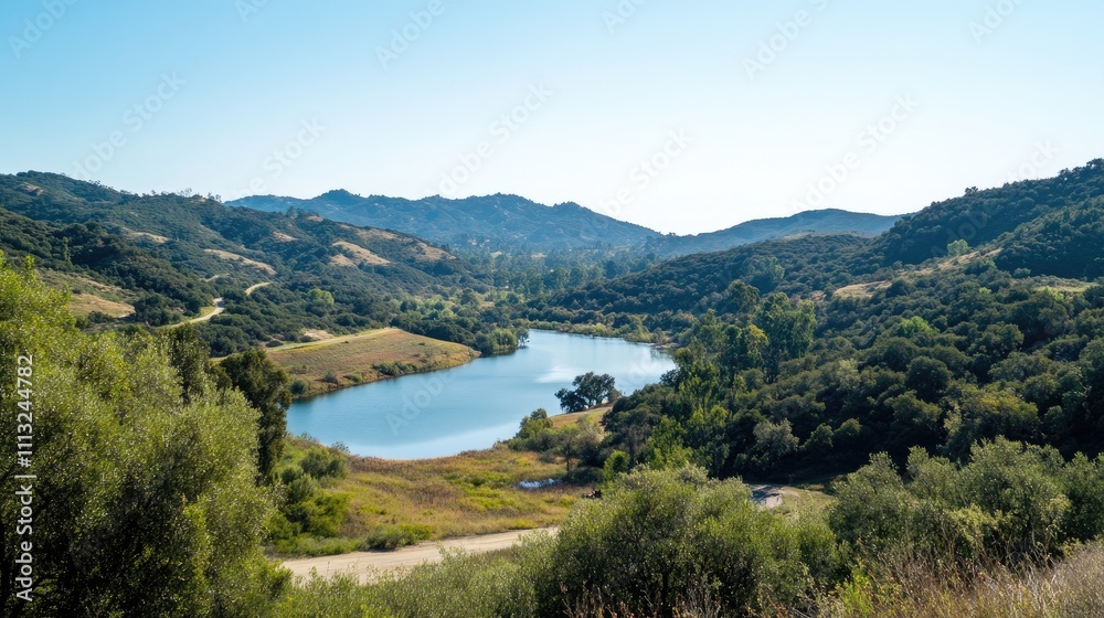 Serene Landscape View of Lake Surrounded by Green Hills and Trees Serene Landscape View of Lake Surrounded by Green Hills and Trees