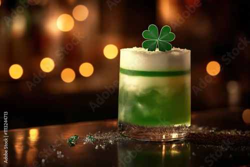 Green cocktail with shamrock garnish sits on bar counter. Bokeh background. St Patricks Day celebration. Drink, Irish holiday concept. Minimalistic composition. Festive atmosphere. Bar counter with photo