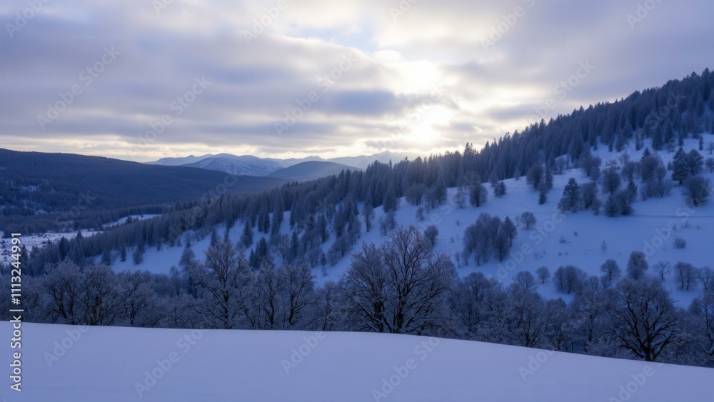 Serene Winter Landscape: Snow-Covered Hills, Sunset, Tranquil Forest, Perfect for Wall Art or Home Decor Serene Winter Landscape: Snow-Covered Hills, Sunset, Tranquil Forest, Perfect for Wall Art or Home Decor