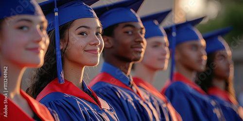 A group of multiethnic high school students wearing blue and red graduation gowns, standing in line for their ceremony, generative AI
